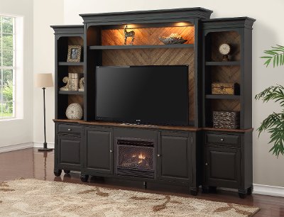 4 Piece Antique Black Fireplace Entertainment Center - Brighton Hickory | RC Willey Furniture Store RC Willey helps you take the chill out of the air with this beautiful antique black 4 piece fireplace entertainment center. It