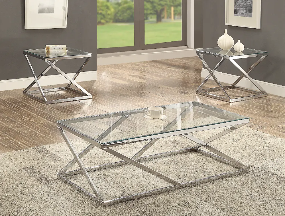 Chrome and Glass 3 Piece Coffee Table Set-1