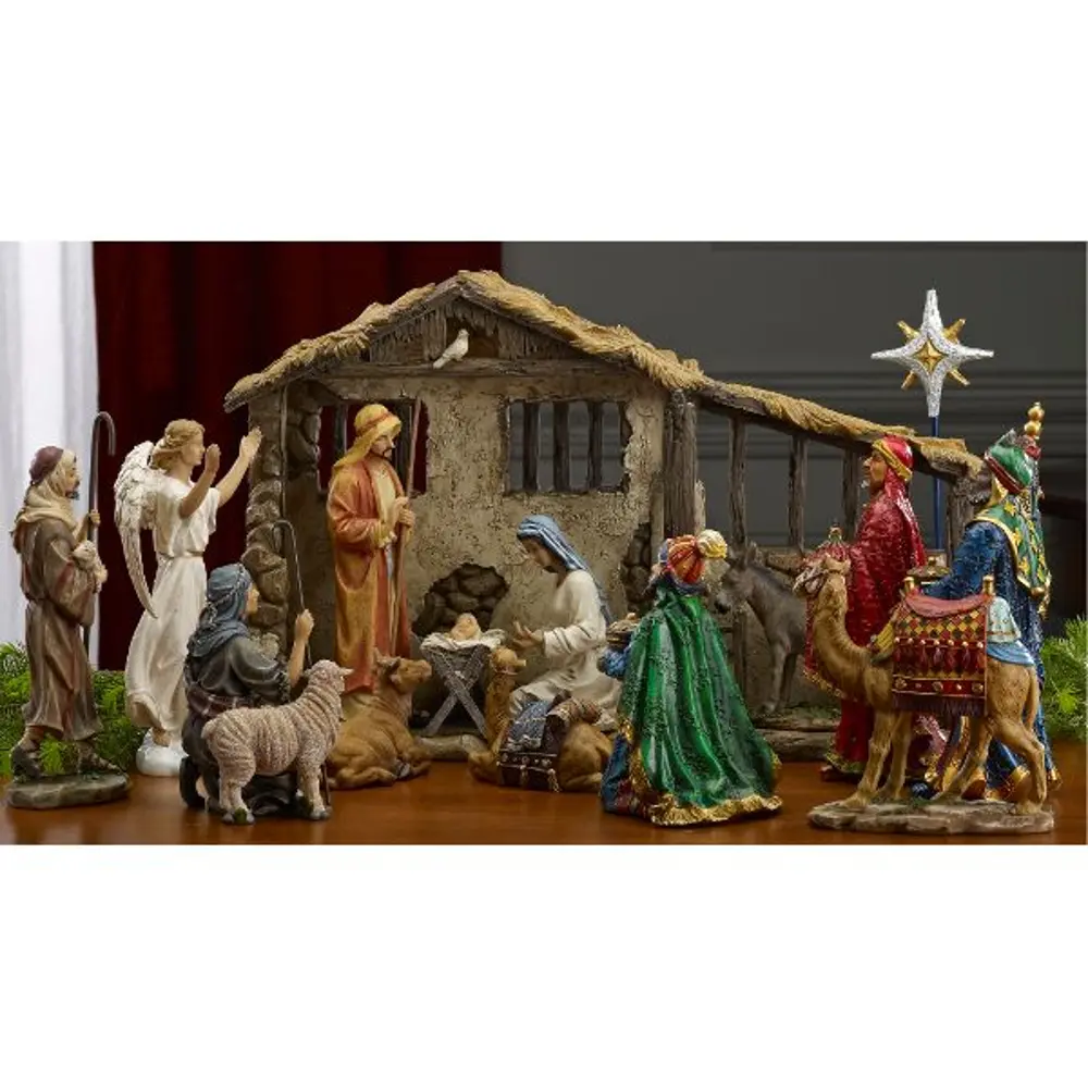 14 Inch Hand Painted 16 Piece Nativity Set with Winged Angel-1