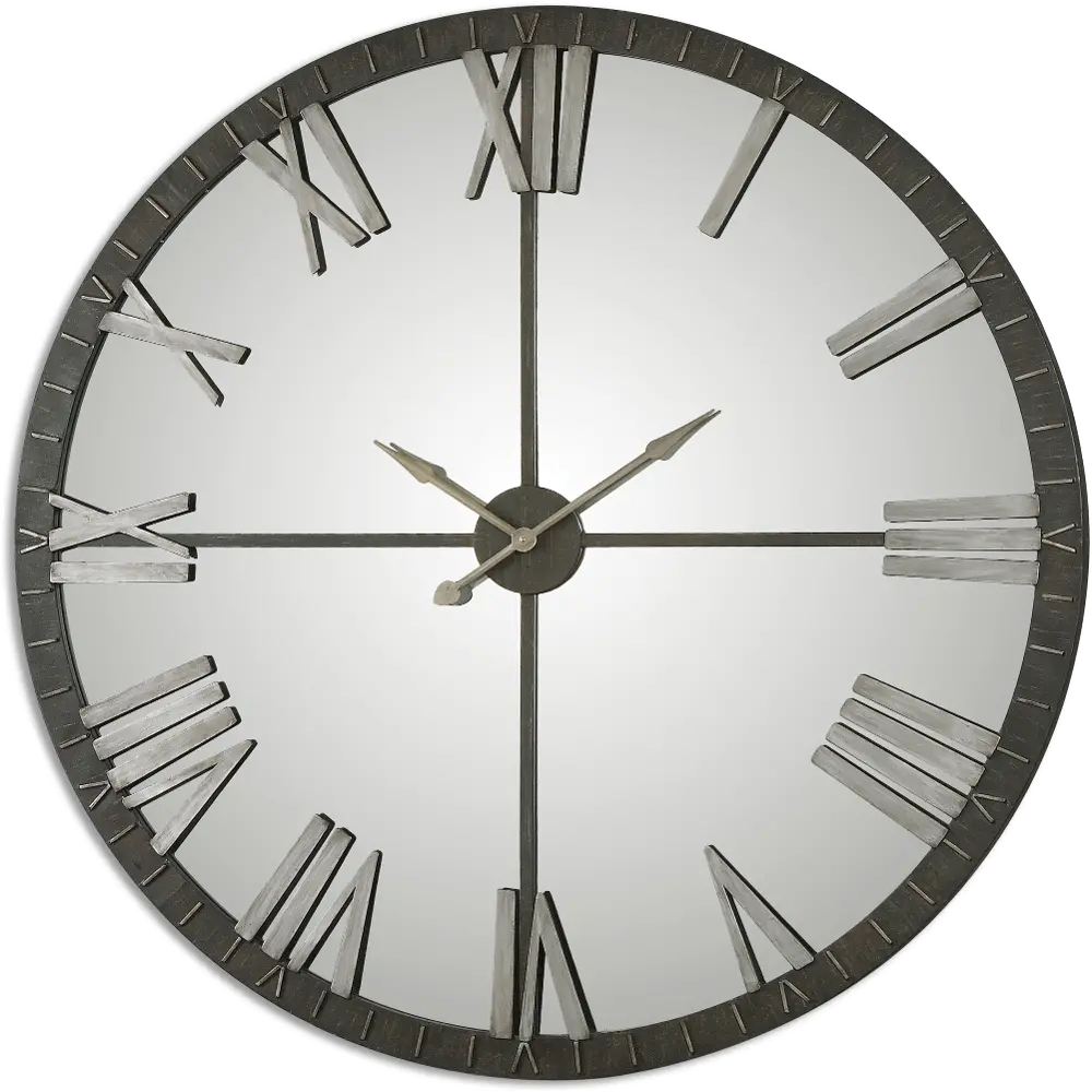 60 Inch Rustic Bronze Metal Clock with Silver Highlights and Mirrored Face-1