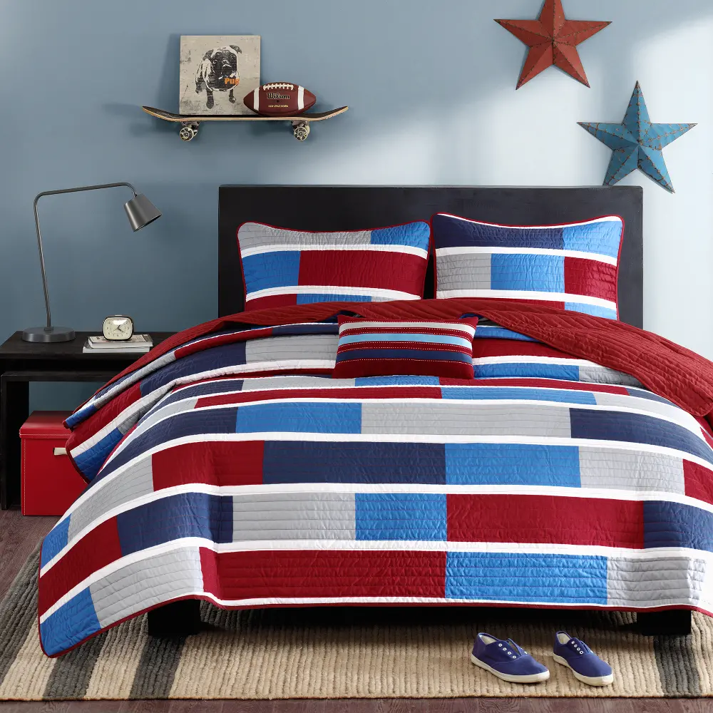 Bradley Blue and Red Twin-Twin XL 3 Piece Bedding Collection-1