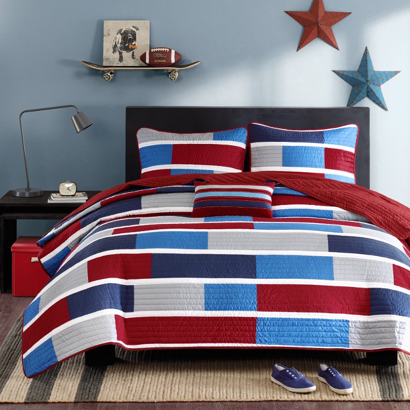 Bradley Blue And Red Twin Xl 3, Blue And Grey Twin Xl Bedding