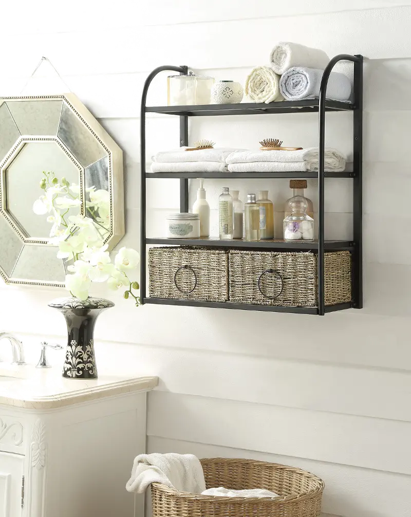 Black Metal Wall Storage Unit With 2, Metal Storage Shelves With Baskets