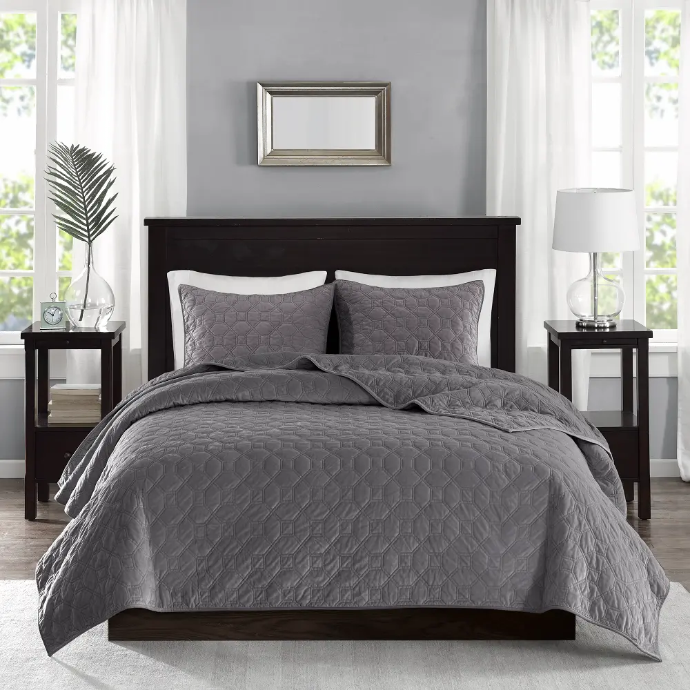 Harper Gray Velvet Queen 3 Piece Coverlet Bedding Collection-1