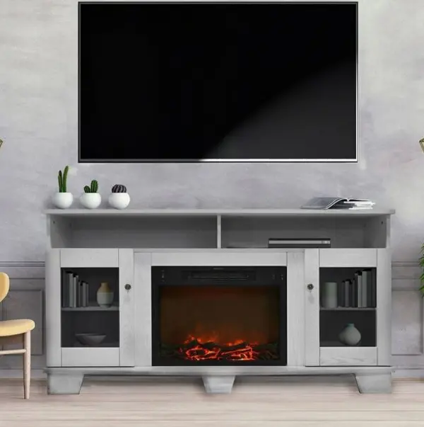 Crisp White Modern 60 Inch Fireplace Tv, Tv Stand With Fireplace White 60