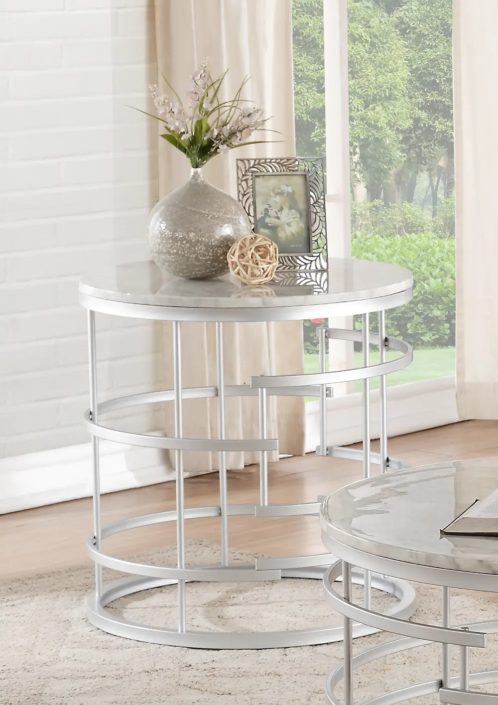 Round Marble and Silver End Table - Brassica-1