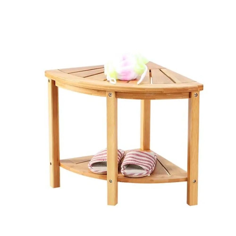 Corner Shower Bench Seat with Storage Shelf - Natural Bamboo-1