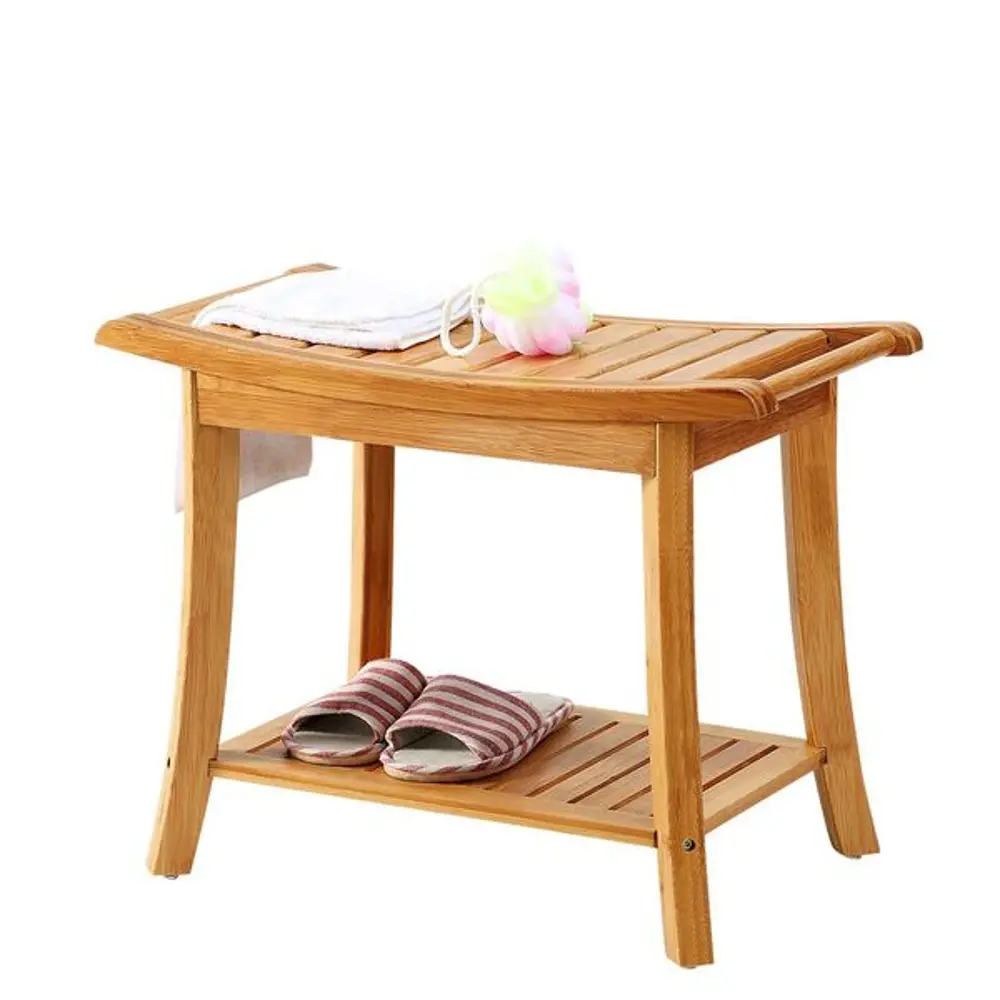 Shower Bench Seat / Shaving Stool with Storage Shelf - Natural Bamboo-1