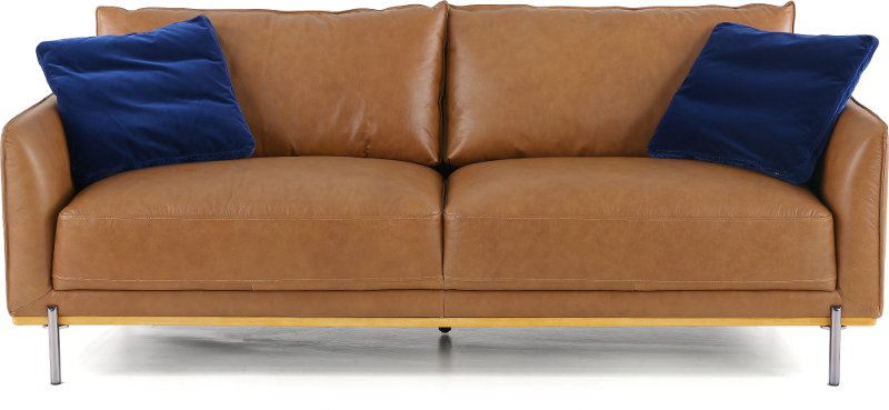 Mid Century Modern Camel Brown Leather, Sleek Leather Sofa
