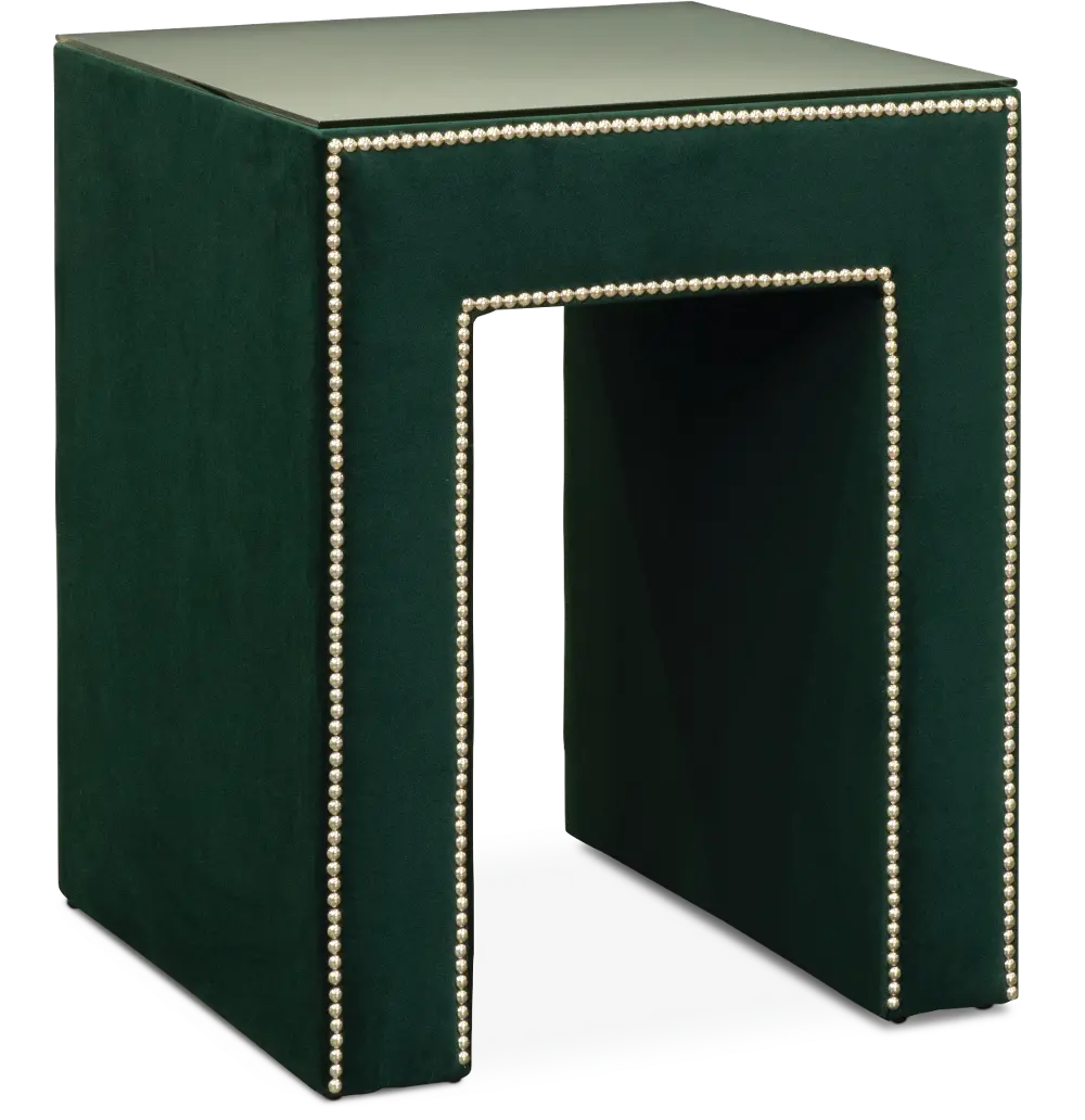 Teal Green Velvet Upholstered Nightstand with Glass Top - Modern-1