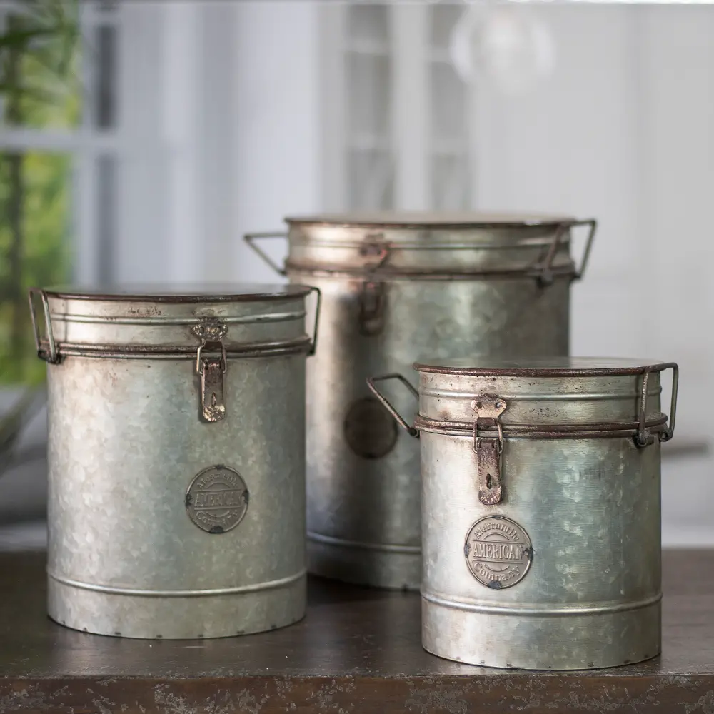 10 Inch Galvanized Metal Lidded Canister and Handles-1
