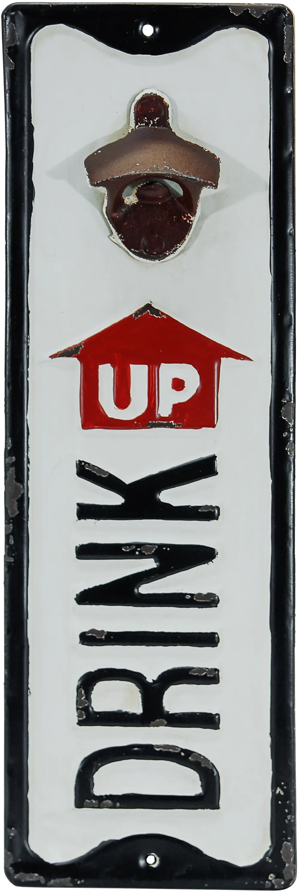 White, Black and Red Metal Drink Up Bottle Opener Wall Sign-1