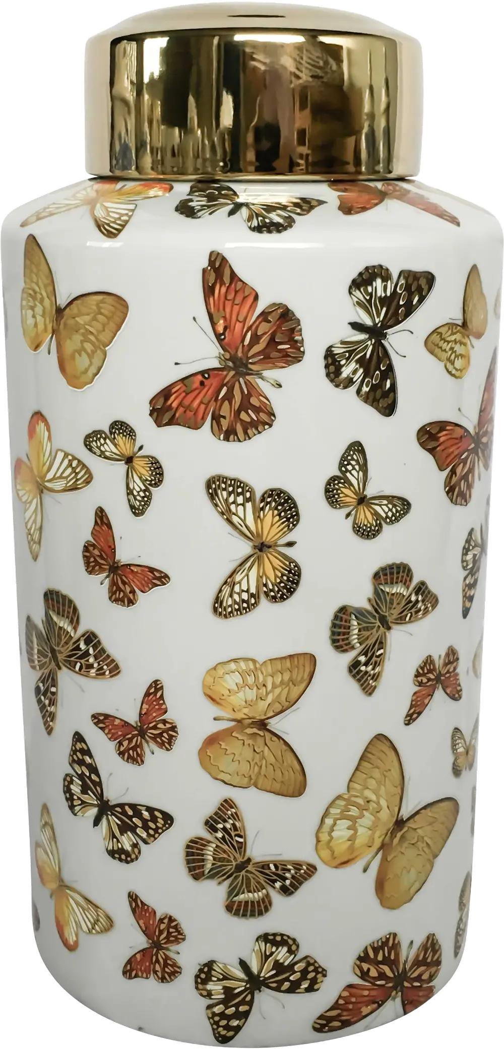 16 Inch White and Gold Butterfly Lidded Jar-1