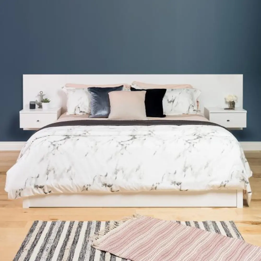 Modern White Floating King Headboard with Nightstands - Series 9-1