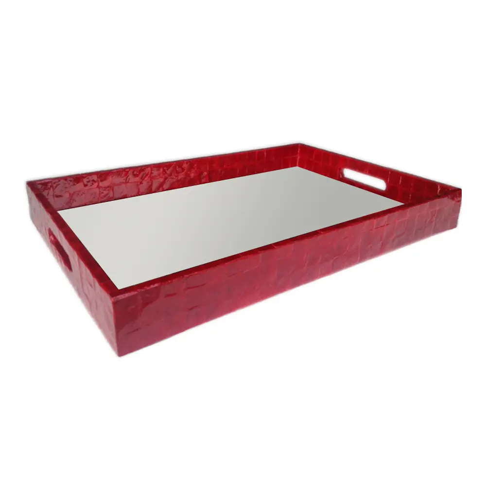 Red Wood Tray with Mirror and Cut Out Handles-1