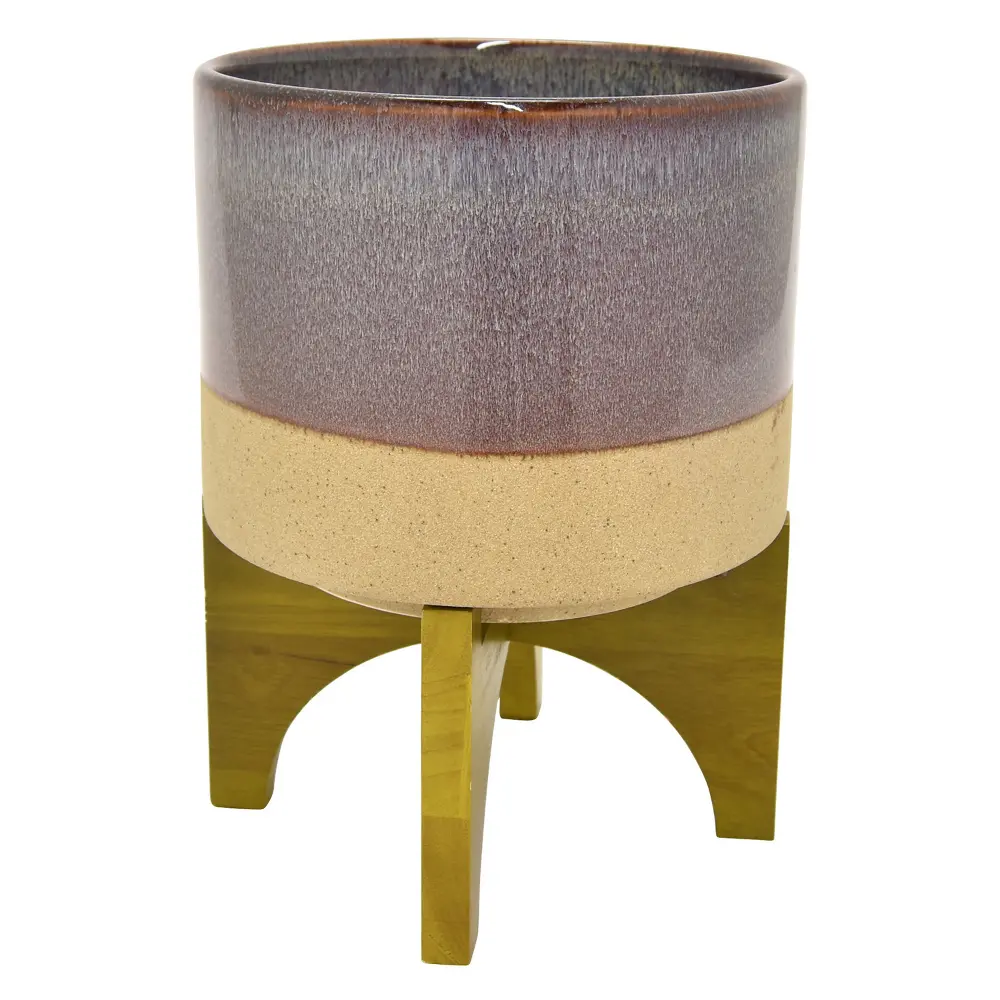 Iridescent Brown and Beige Planter On Wooden Stand-1