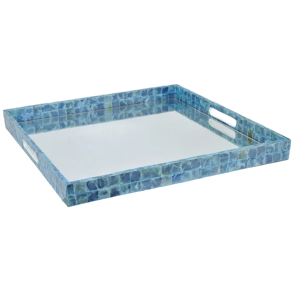 Blue Wood Tray With Mirror and Cut Out Handles-1