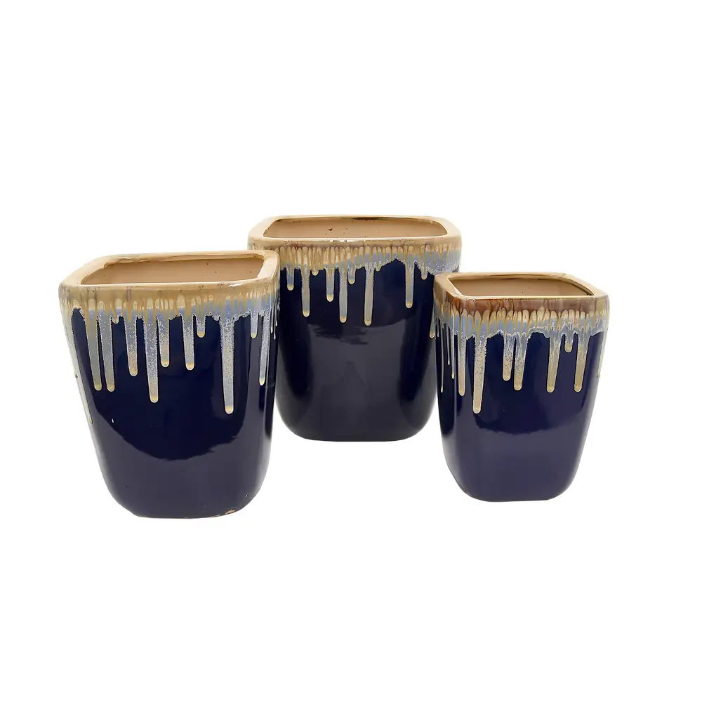 15 Inch Navy Blue, White and Rust Drip Ceramic Planter-1