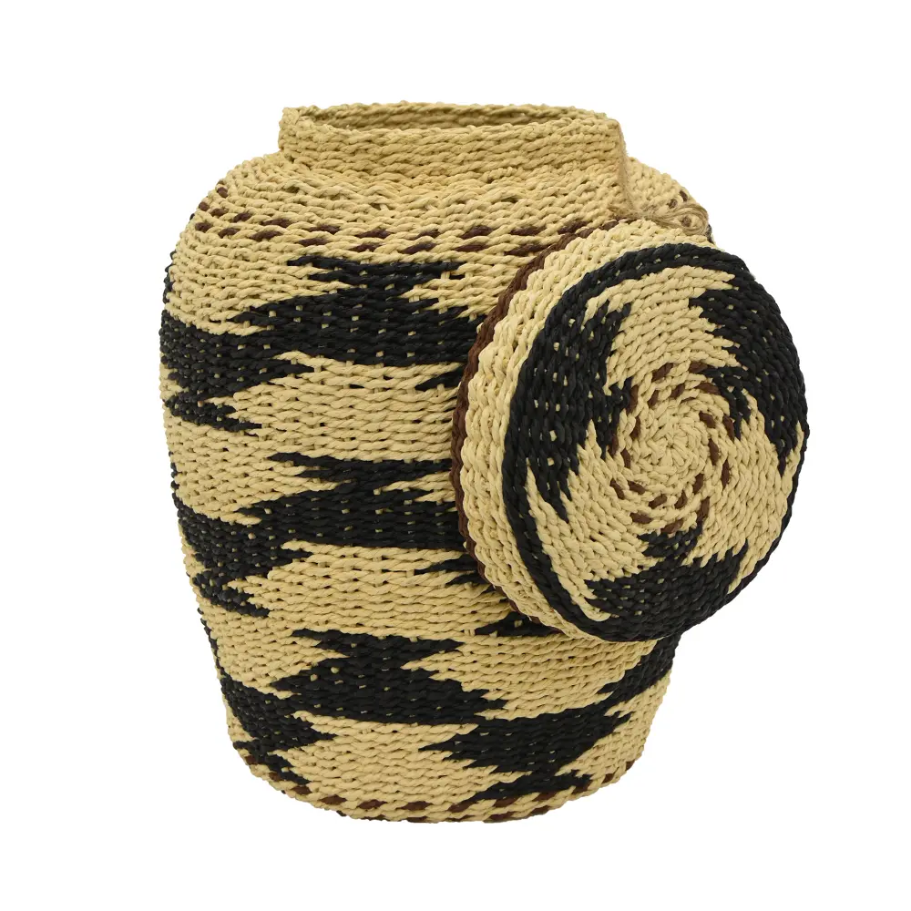 Tan and Black Paper Rope Storage Basket With Lid-1
