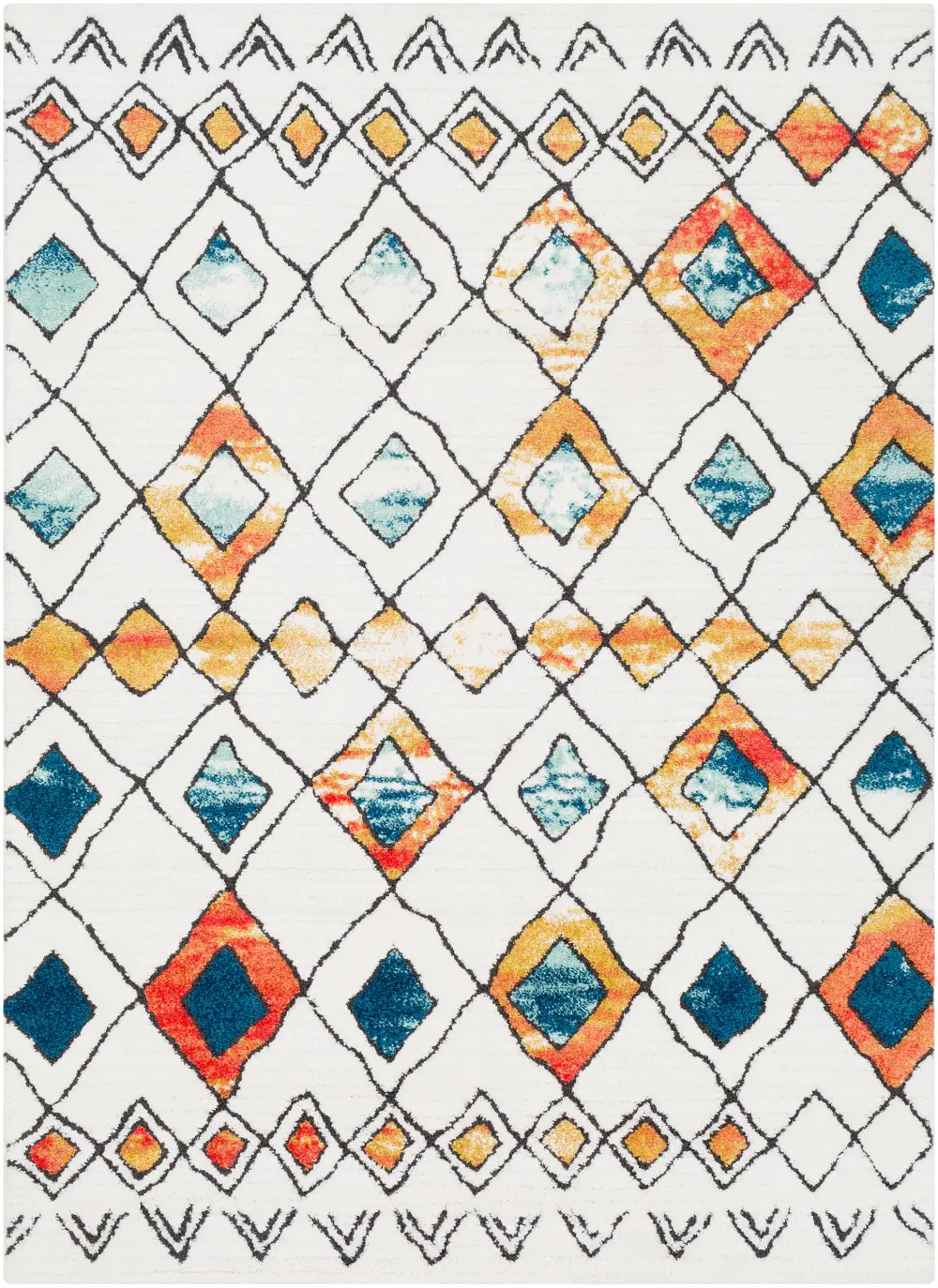 5 x 7 Medium White, Blue and Orange Area Rug - Moroccan Shag-1