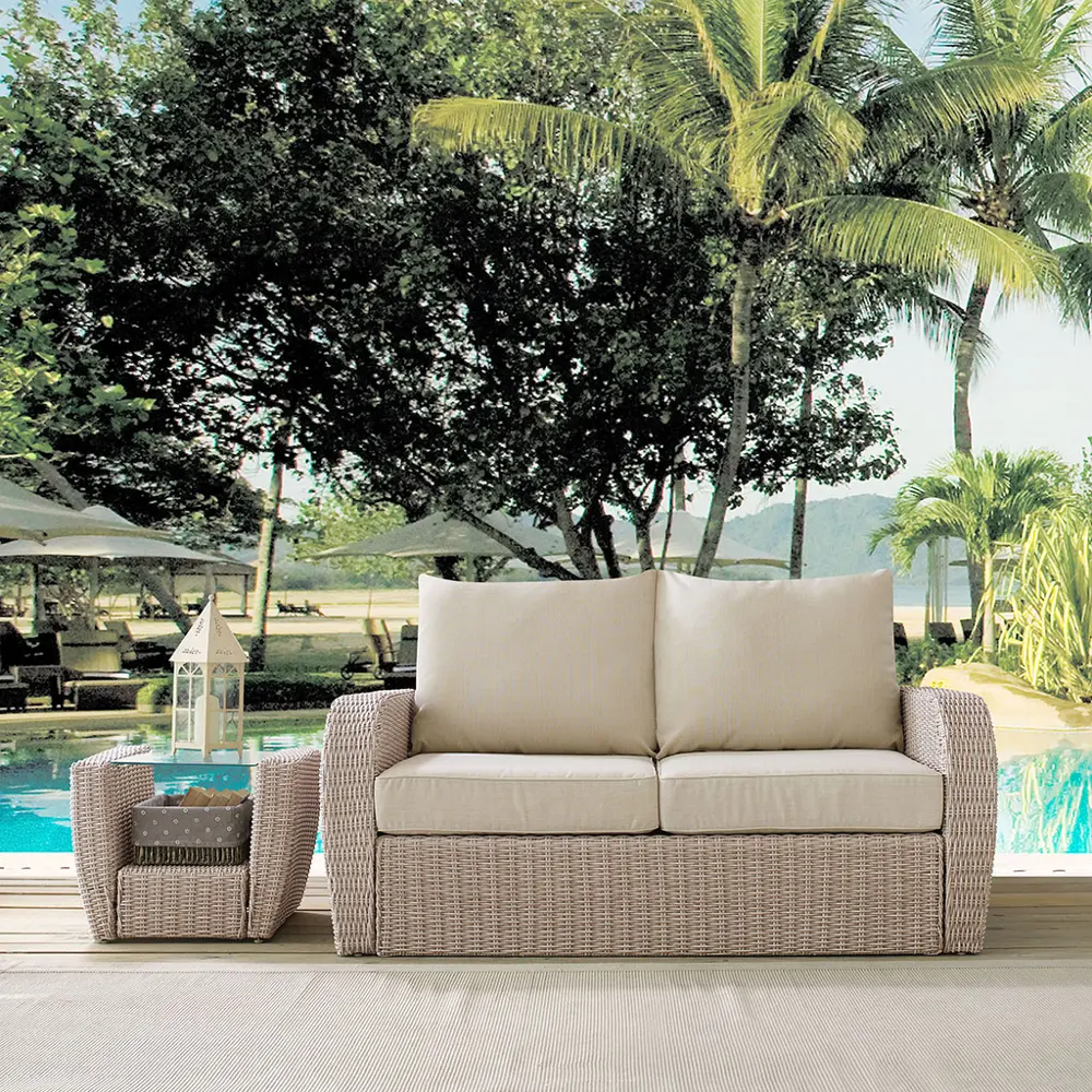 KO70142WH-OL Outdoor Wicker Loveseat with Oatmeal Cushions - St Augustine-1