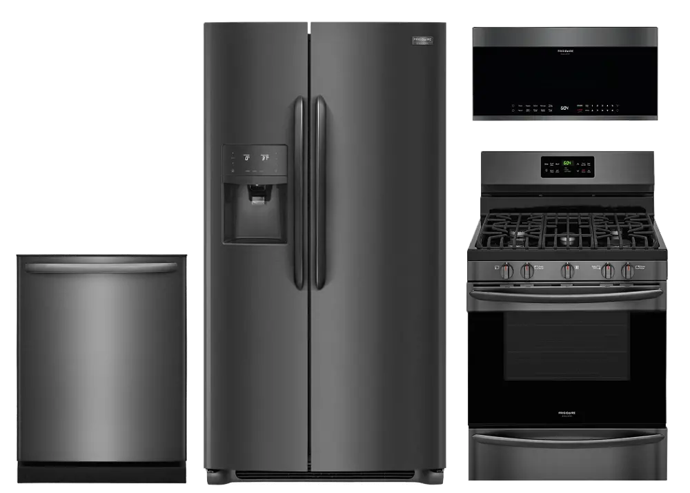 KIT Frigidaire Gallery 4 Piece Gas Kitchen Appliance Package with Side by Side Refrigerator - Black Stainless Steel-1