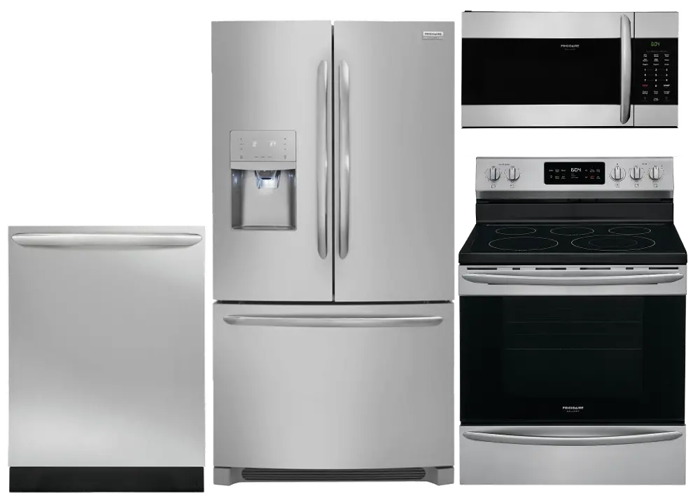 KIT Frigidaire 4 Piece Electric Kitchen Appliance Package with French Door Refrigerator - Stainless Steel-1