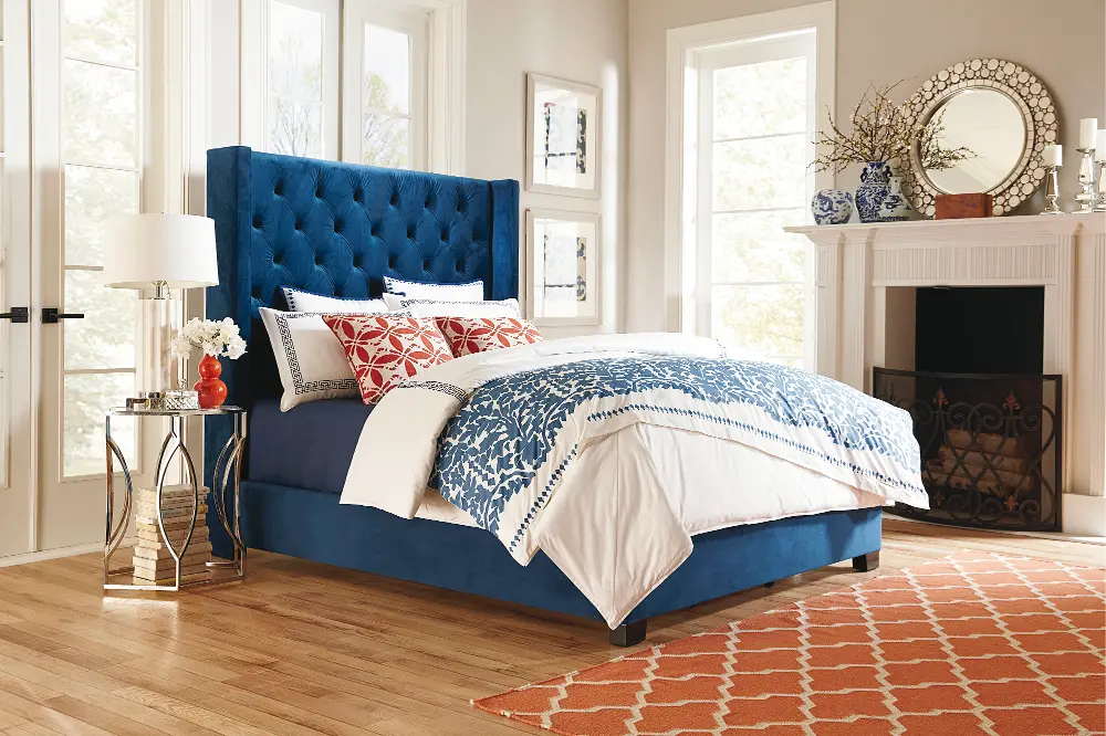 Traditional Blue Queen Upholstered Bed - Westerly-1
