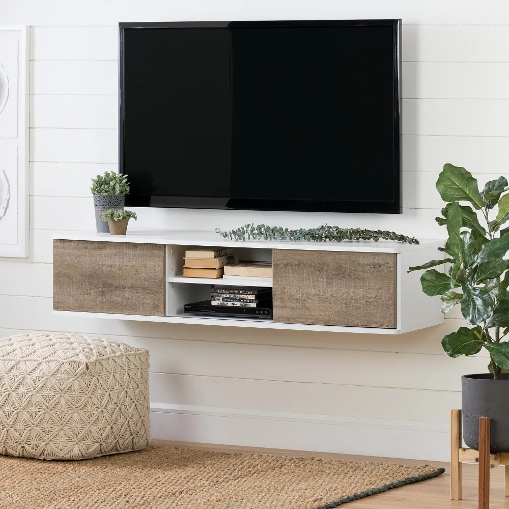 11505 White and Weathered Oak Wide Wall Mounted Media Console - Agora-1