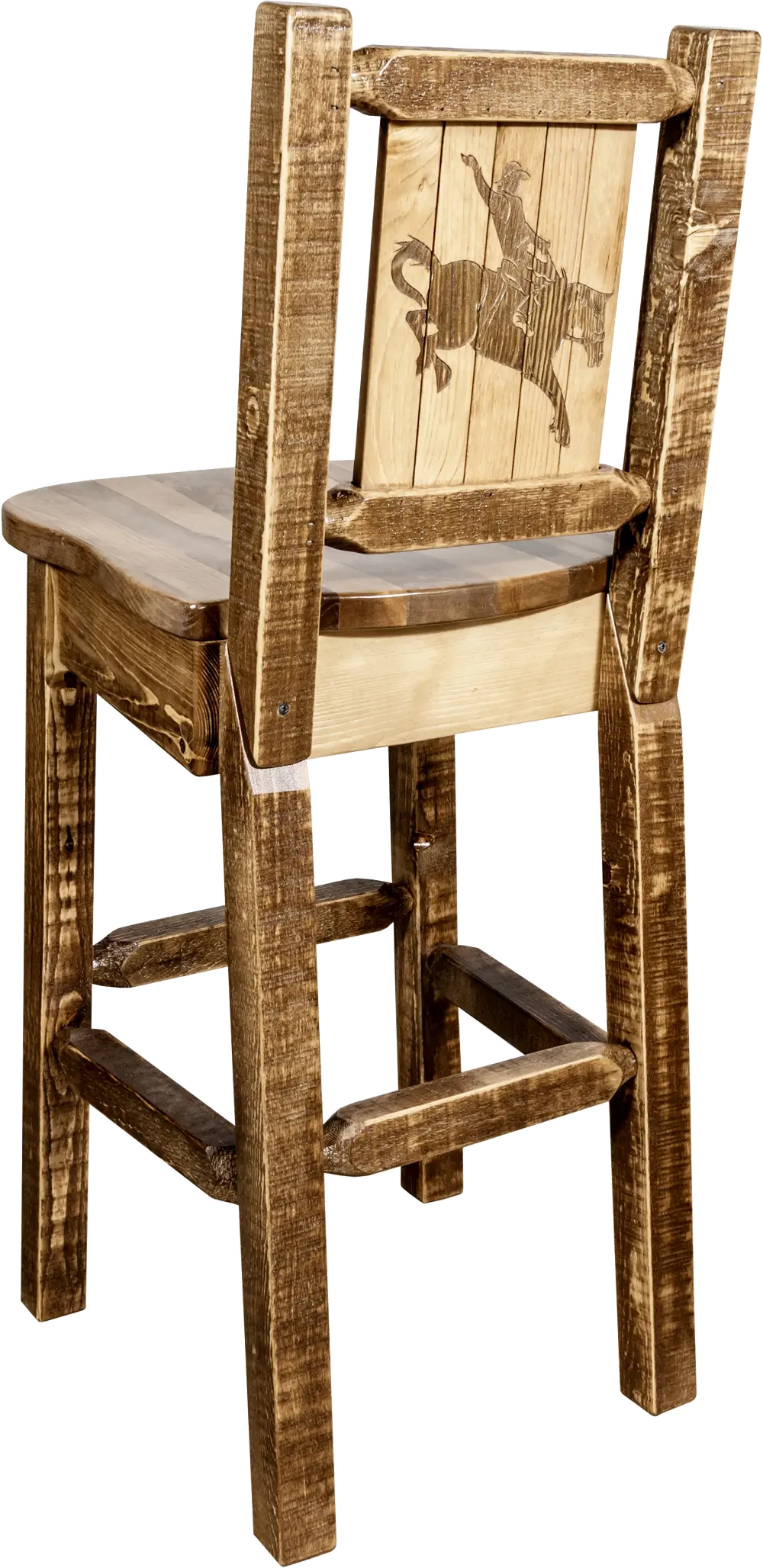 Rustic Wood Bar Stool with Laser Engraved Bronc - Homestead-1