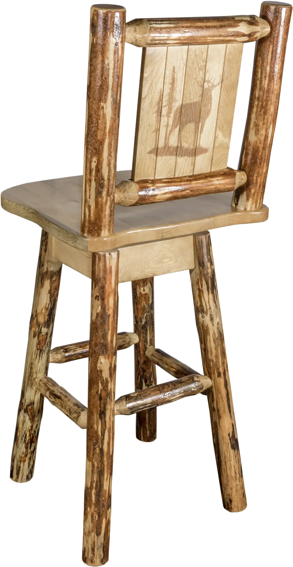 Rustic Pine Swivel Bar Stool with Laser Engraved Elk - Glacier-1