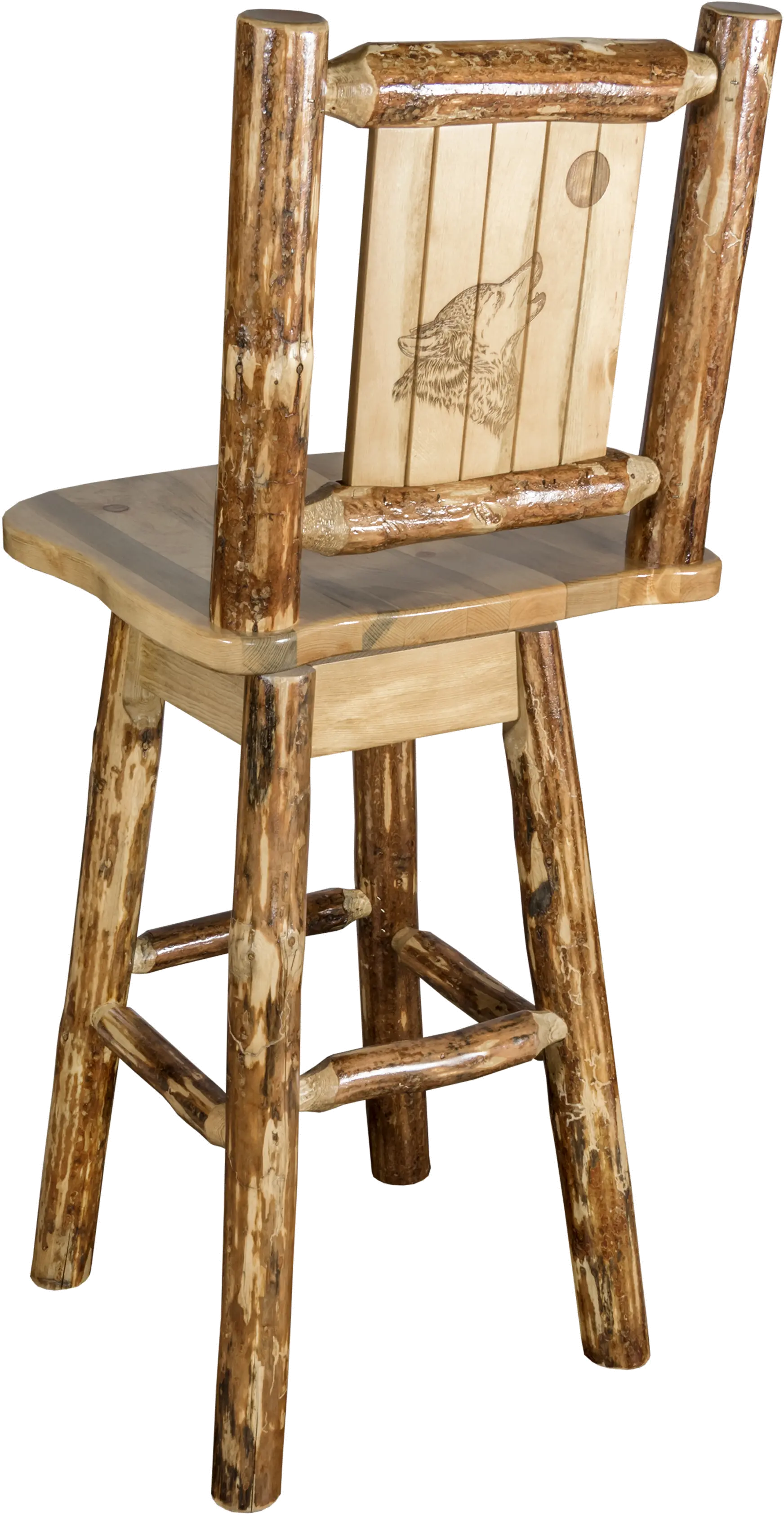 Rustic Pine Swivel Bar Stool with Laser Engraved Wolf - Glacier