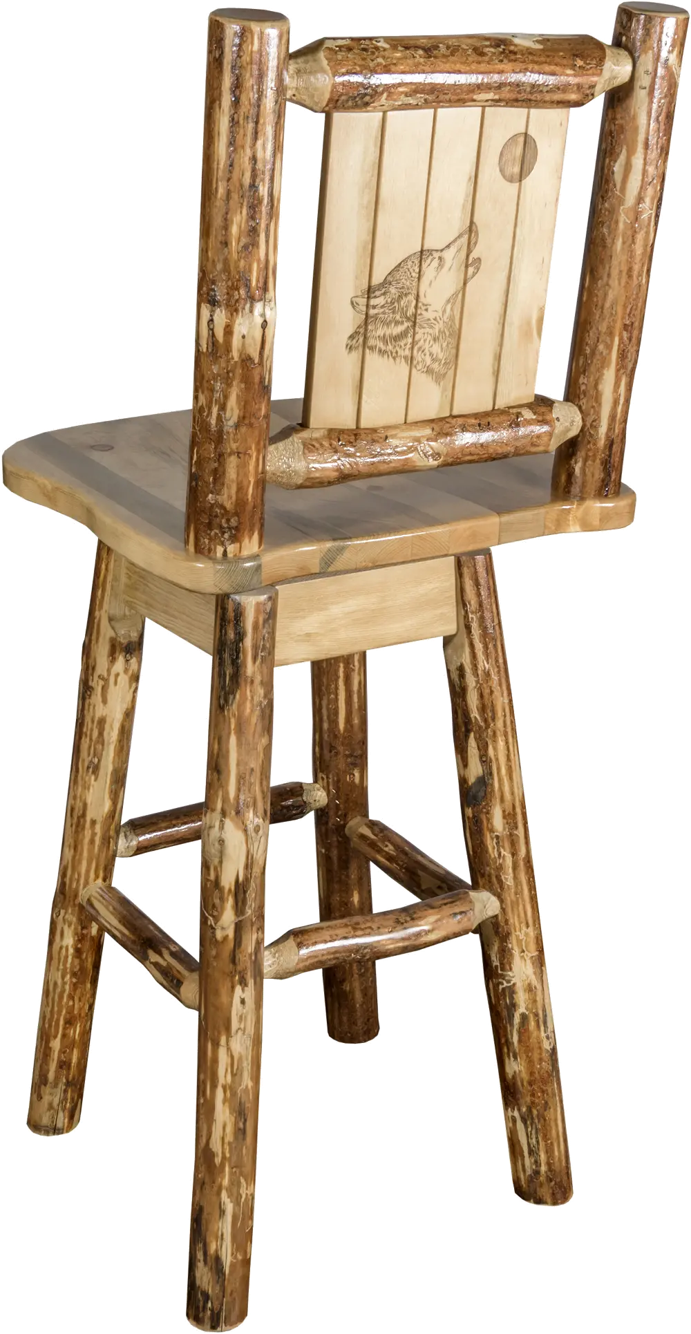 Rustic Pine Swivel Bar Stool with Laser Engraved Wolf - Glacier-1