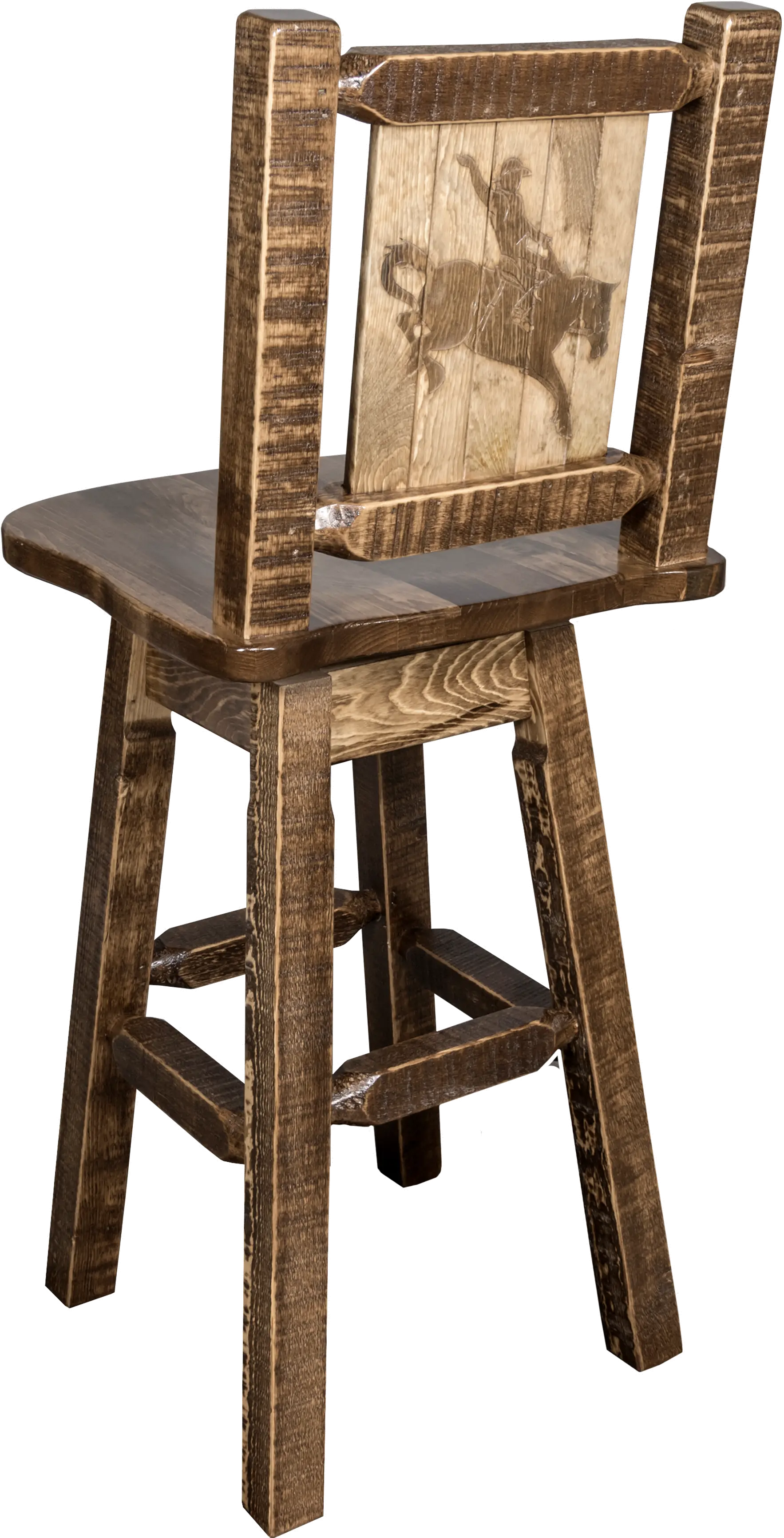 Rustic Swivel Bar Stool with Laser Engraved Bronc - Homestead