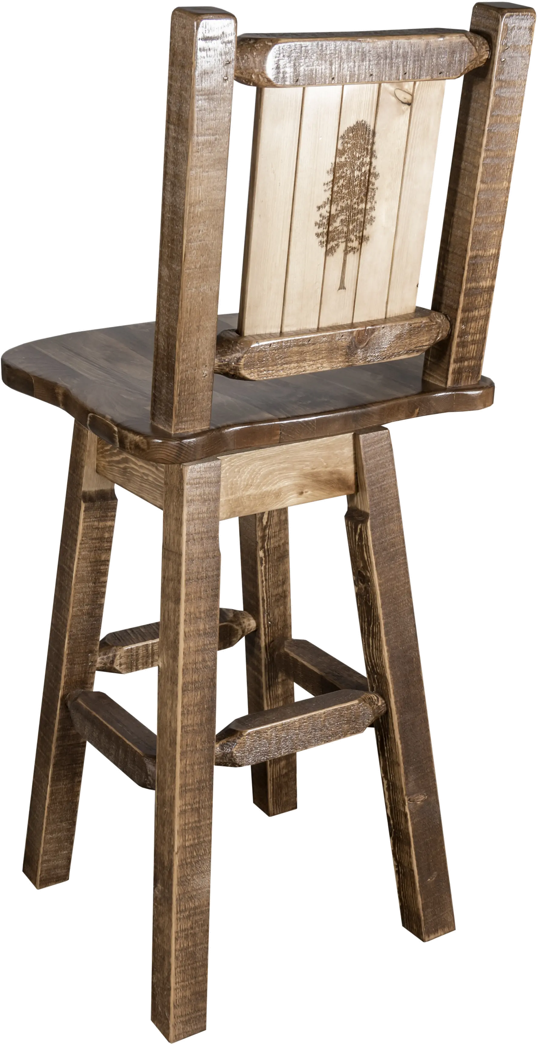 Rustic Swivel Bar Stool with Laser Engraved Pine Tree - Homestead