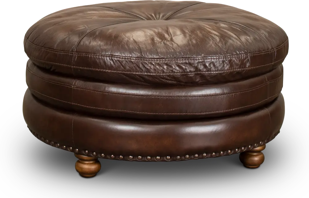 Classic Brown Leather Round Ottoman - Suffolk-1