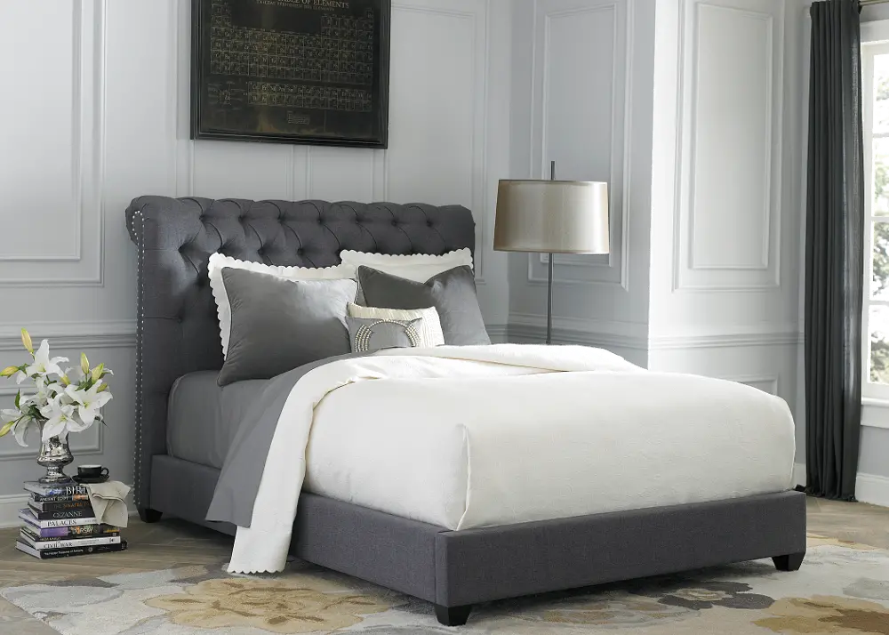 Traditional Gray Queen Upholstered Sleigh Bed - Chesterfield-1