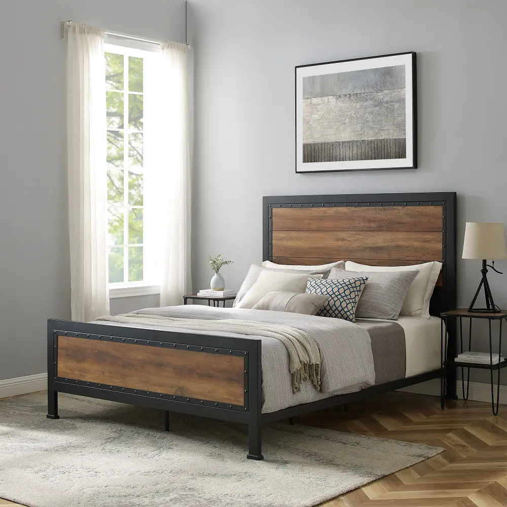 BQAWRO Rustic Industrial Oak Queen Bed - Rustic Home-1