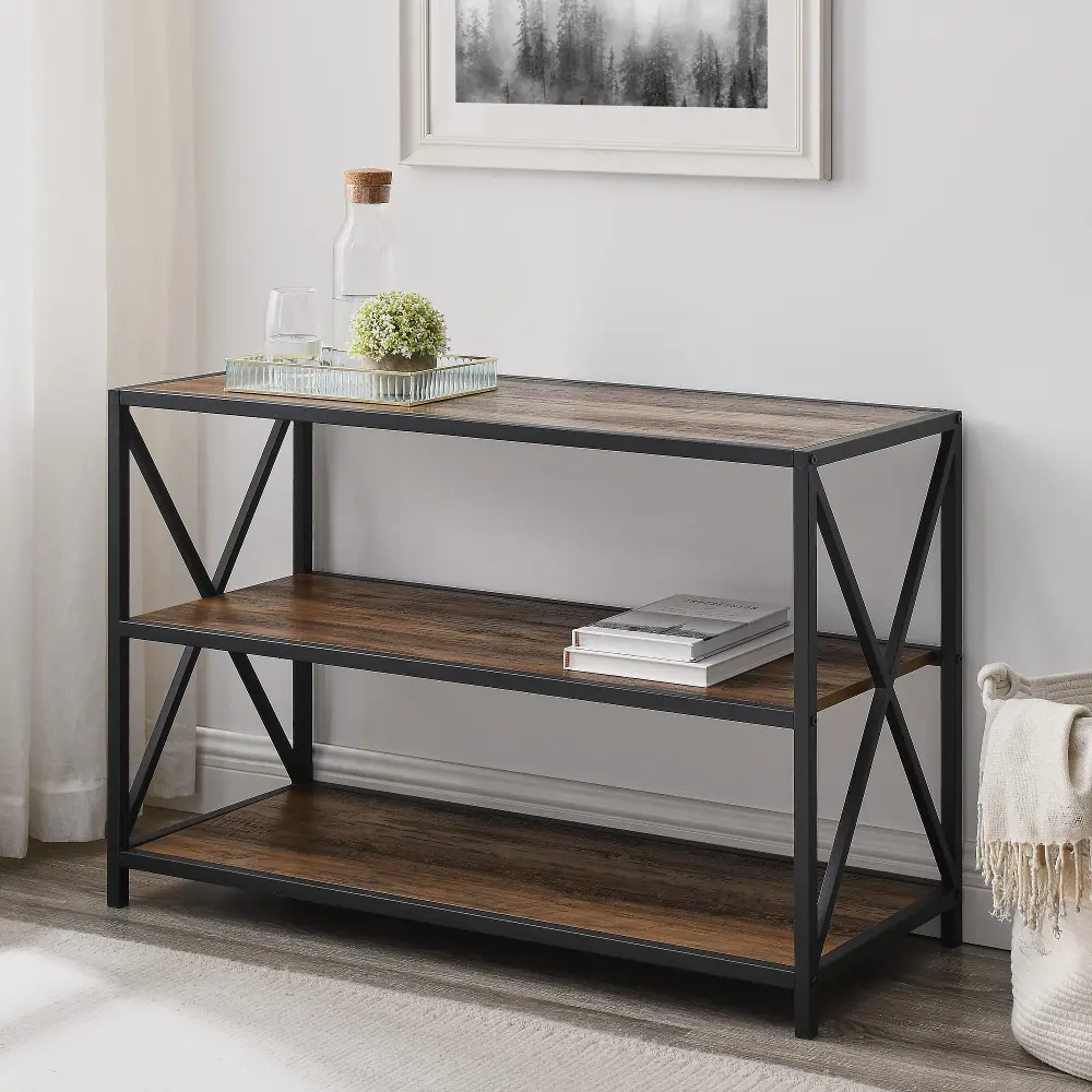 BS40XMWRO Rustic Oak X-Frame Metal and Wood Media Bookcase - Walker Edison-1