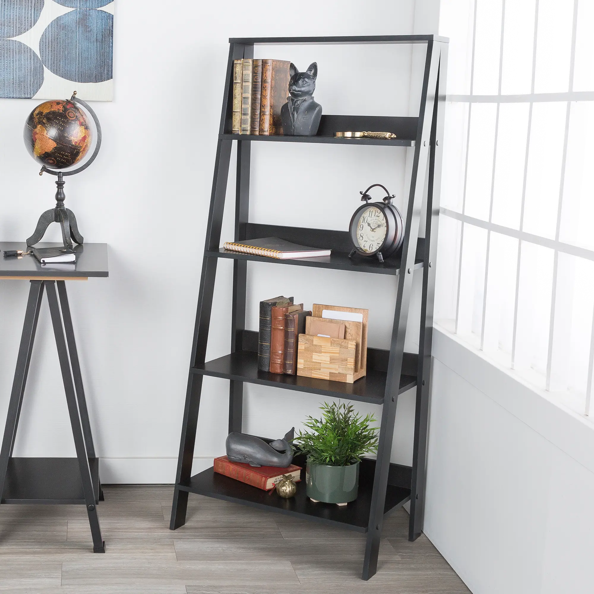Photos - Display Cabinet / Bookcase Walker Edison Black Wood Ladder Bookcase -  BS55LDBL 