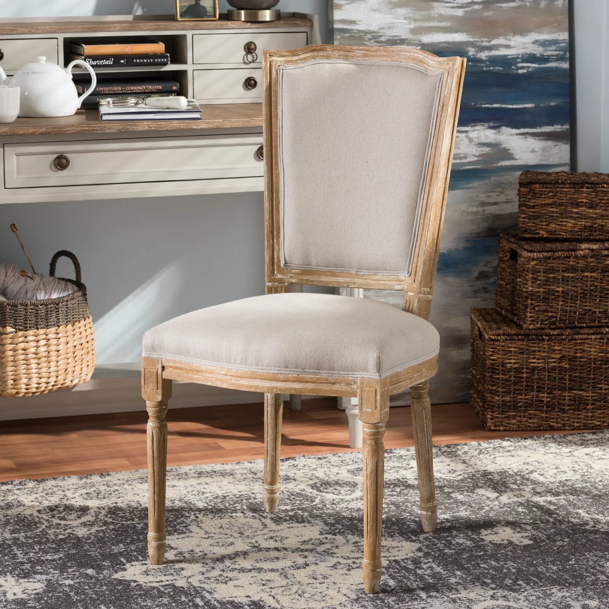 Vintage Weathered Oak Upholstered Dining Room Chair - Cadencia