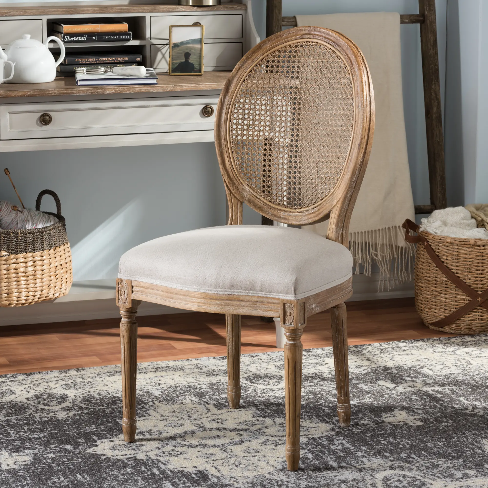 French Vintage Cane Back Upholstered Dining Room Chair - Adelia