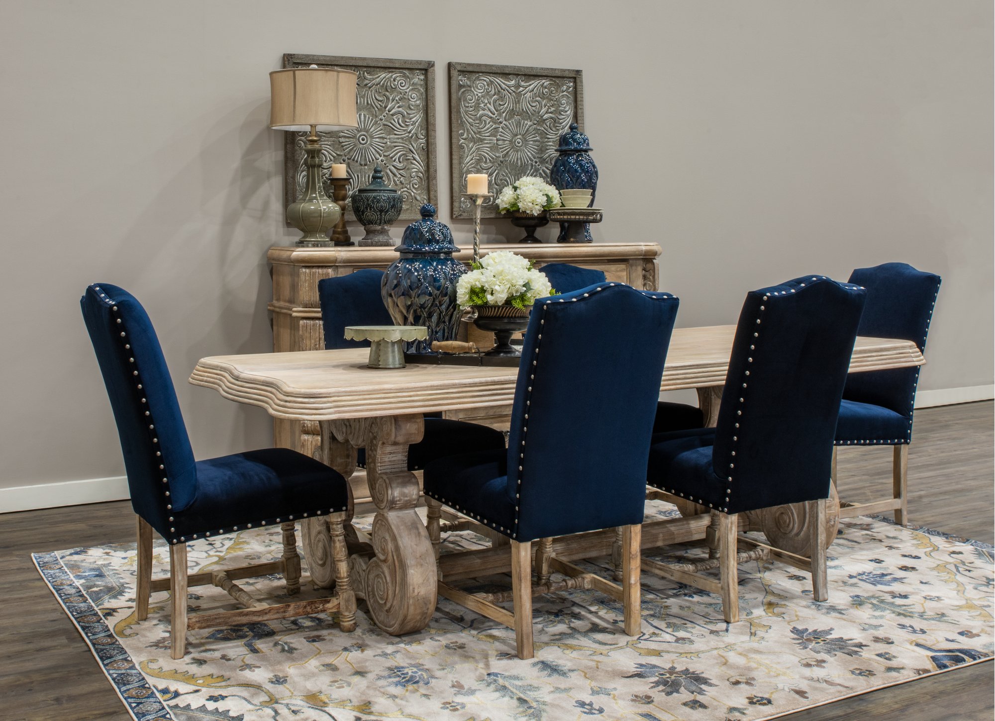 Rich Blue and Natural Wood 5 Piece Dining Set Karsten RC Willey Furniture Store