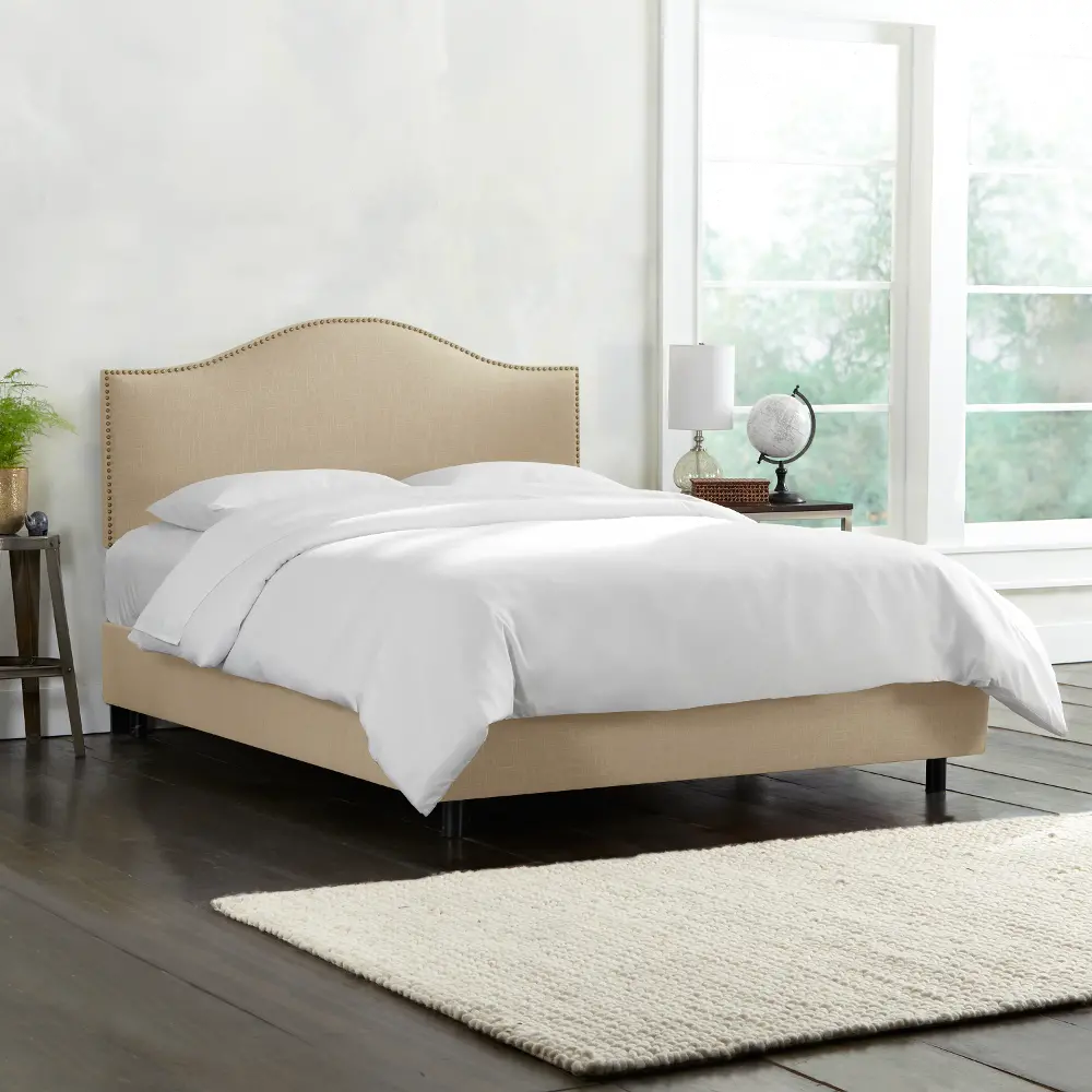 910NBBED-BRLNNSND Tan Nailhead Trim Twin Upholstered Bed-1