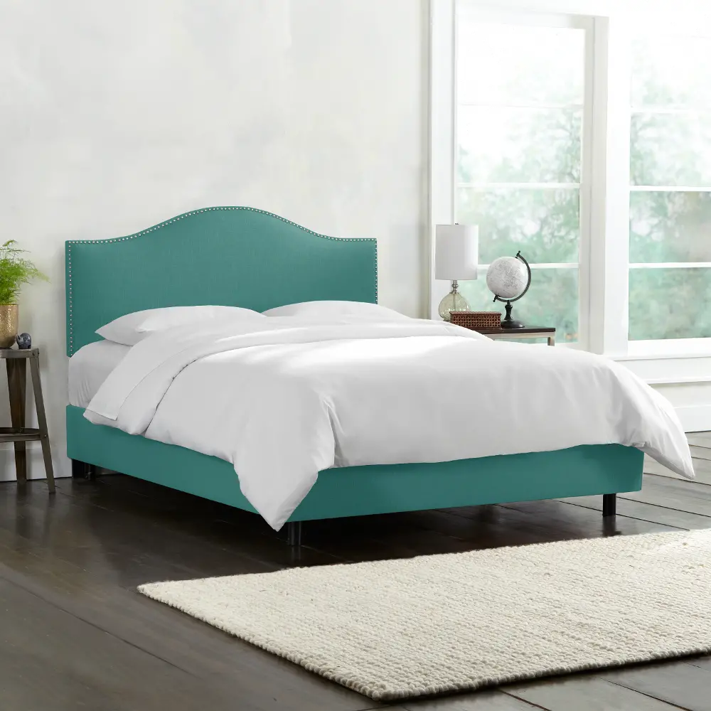 910NBBED-PWLNNLGN Turquoise Nailhead Trim Twin Upholstered Bed-1