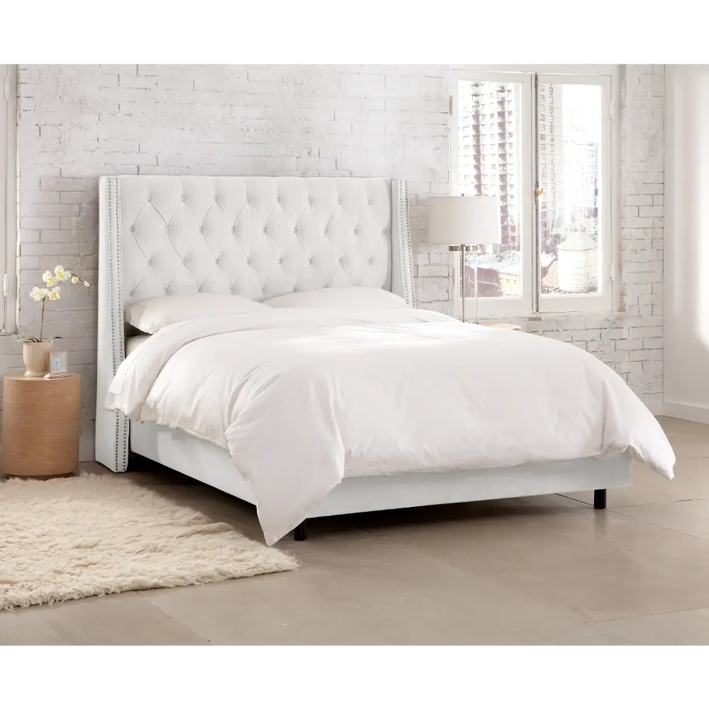 120NBBED-PWVLVWHT Riley Velvet White Flared Wingback Twin Bed - Skyline Furniture-1