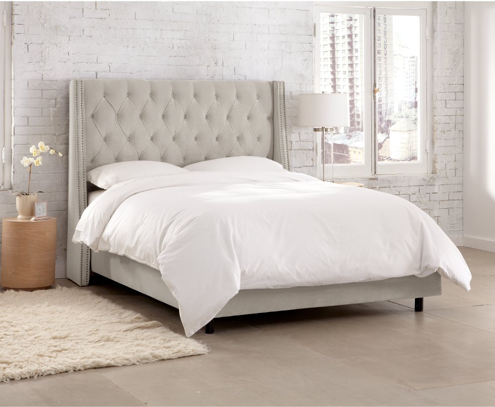 Riley Velvet Light Gray Flared Wingback King Bed - Skyline Furniture