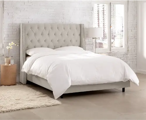 Riley Velvet Light Gray Flared Wingback California King Bed Skyline Furniture