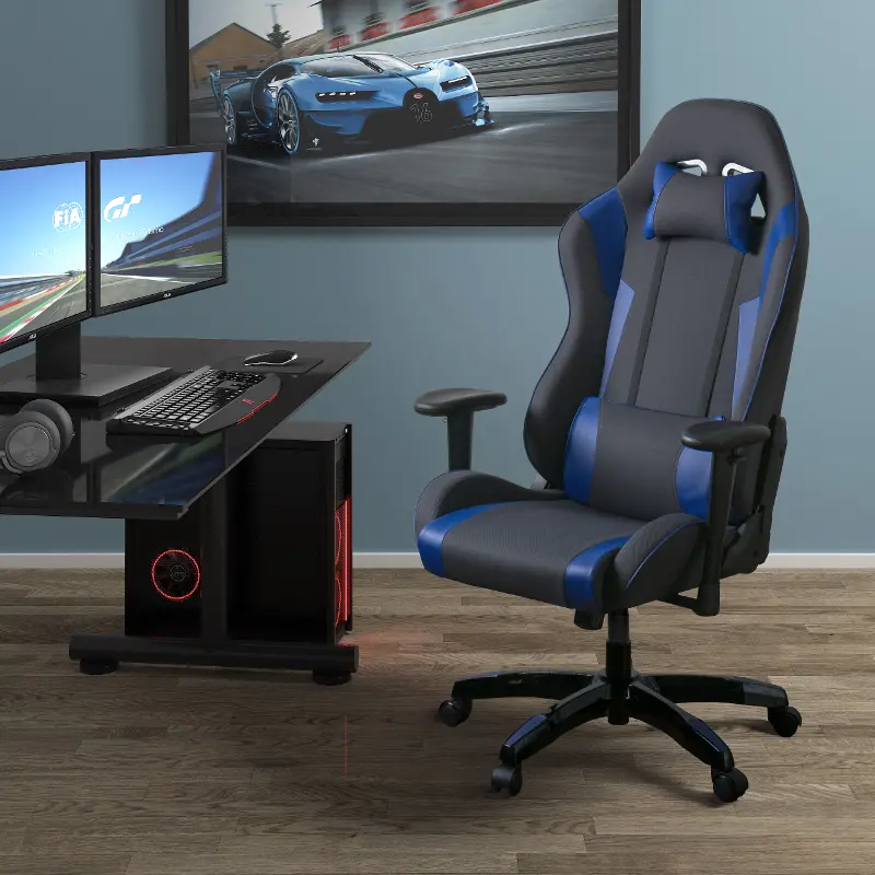 Corliving High Back Ergonomic Gaming Chair Blue Grey, How High Should Gaming Desk Be