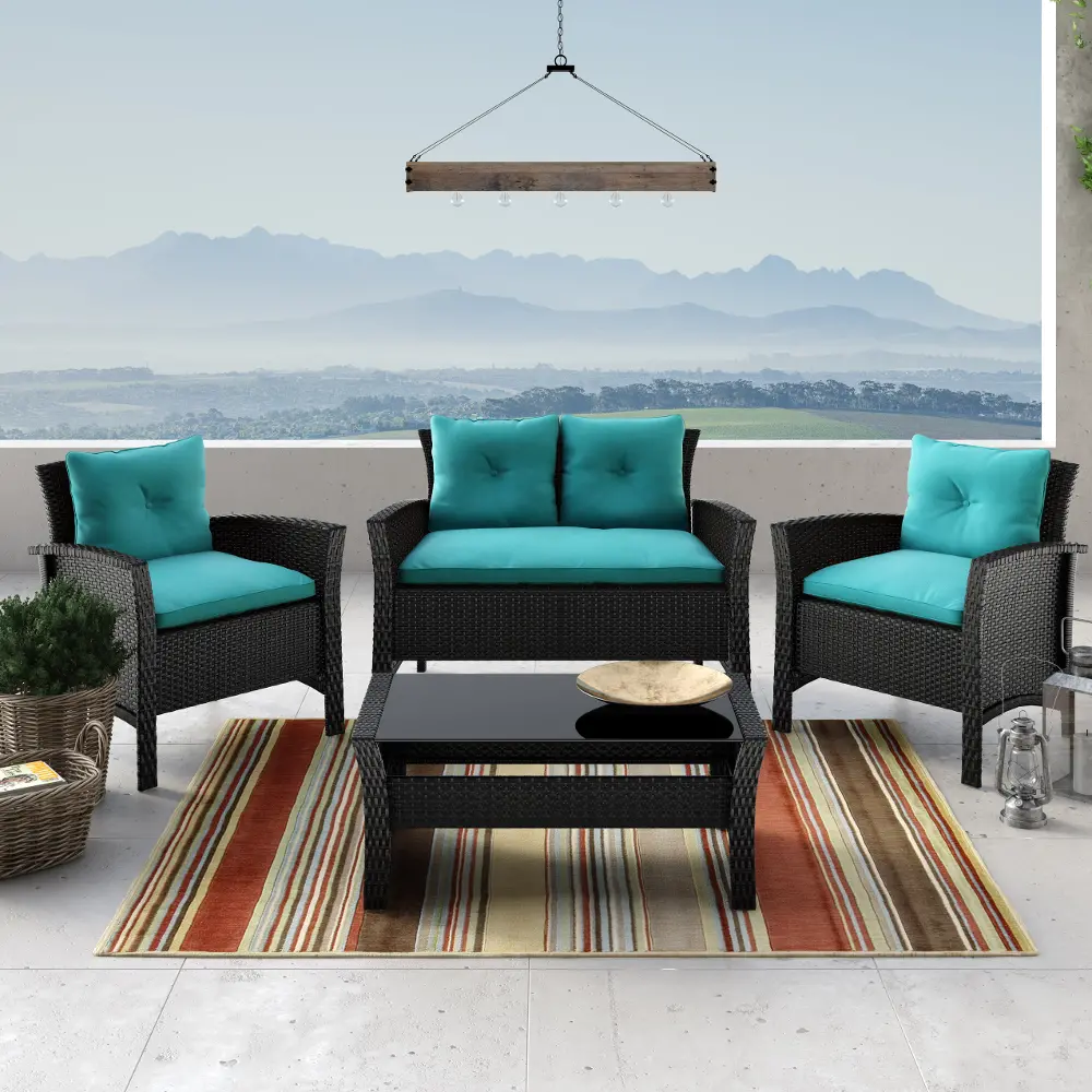 Black and Turquoise 4 Piece Wicker Furniture Set - Cascade-1